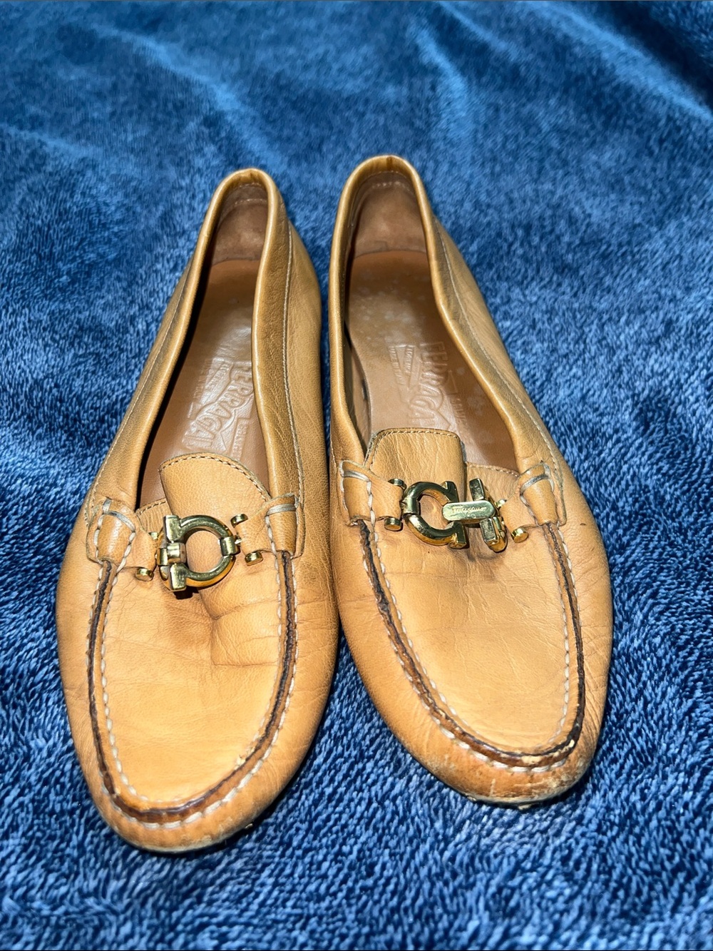 Salvatore Ferragamo Leather Tan and Gold-Tone Bit Loafer Flats